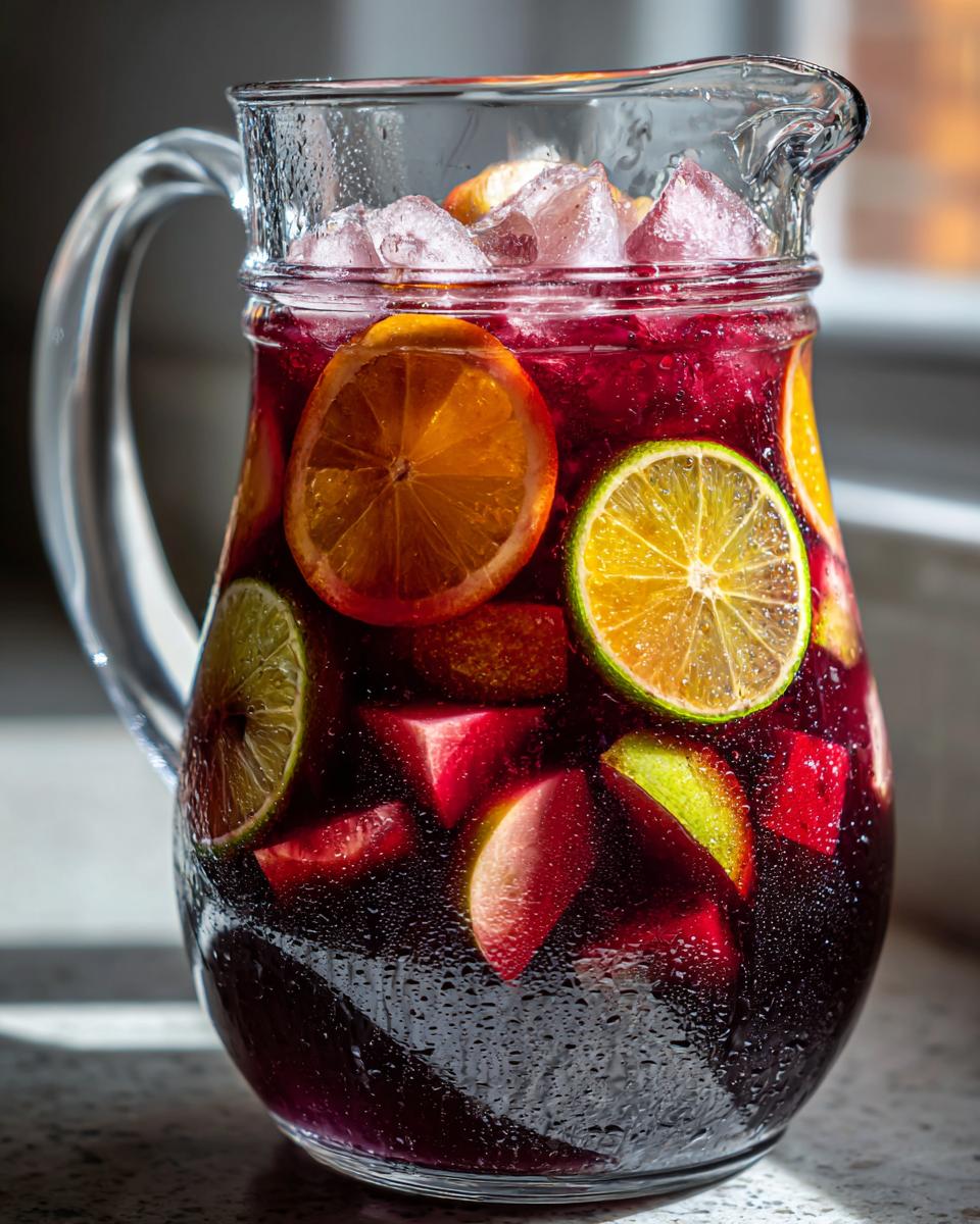 Close-up van een glazen kan vol met donkerrode Sangria Recipe, ijsblokjes en schijfjes sinaasappel en limoen.