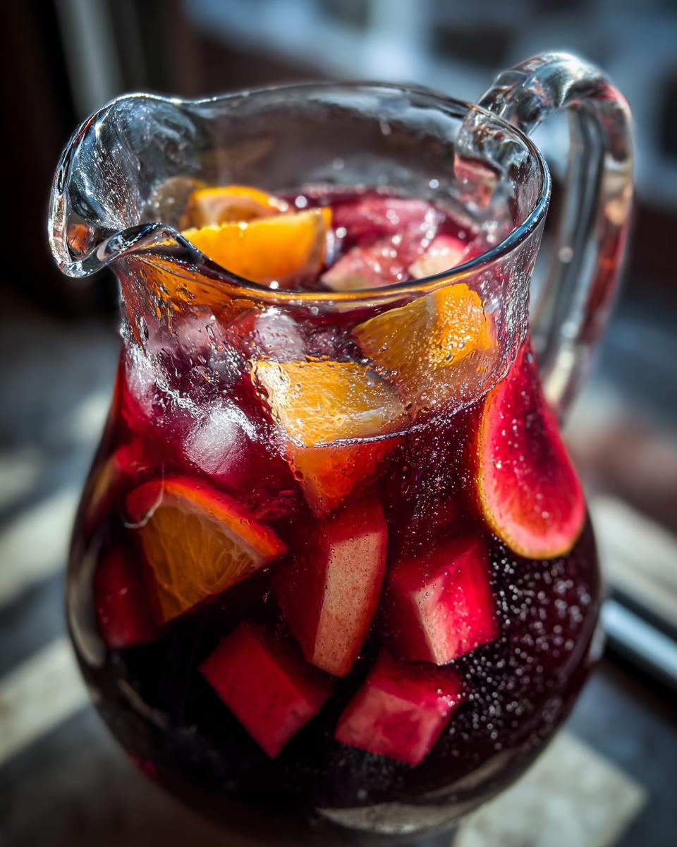 Close-up van een glazen kan met een rood Sangria Recipe, gevuld met ijs, sinaasappelschijfjes en blokjes rood fruit.