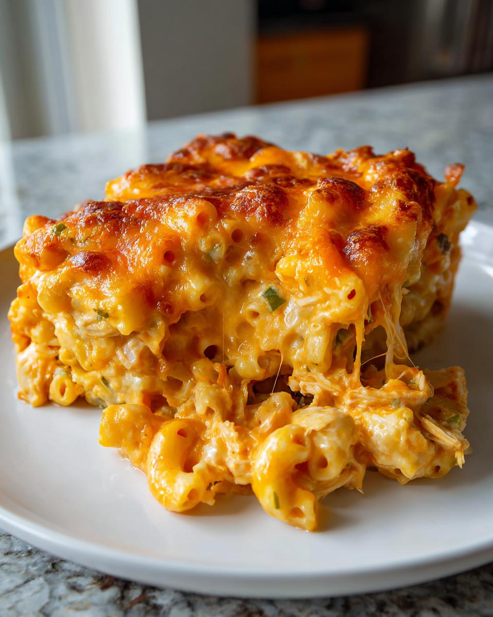 Een royale portie King Ranch Mac And Cheese met gesmolten, draderige kaas en een krokante bovenkant.