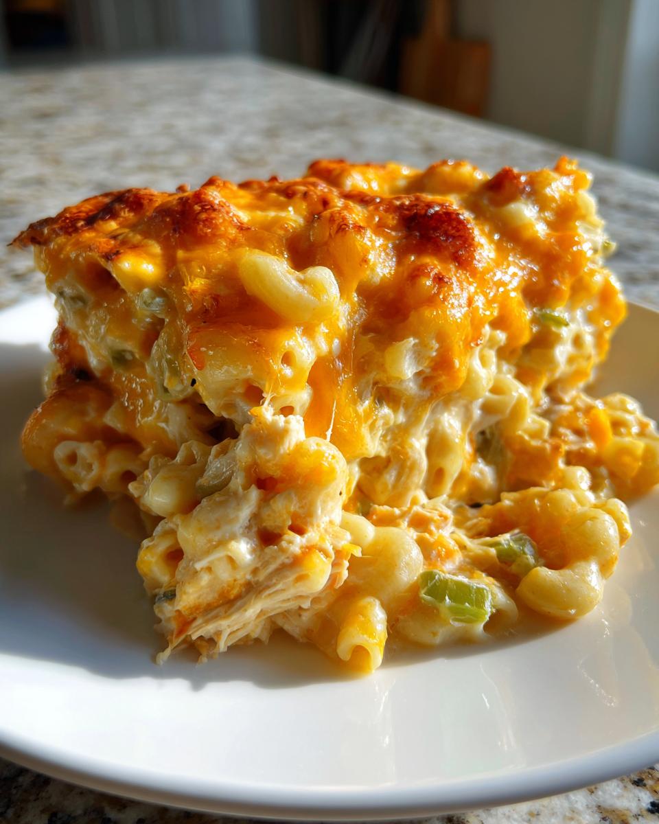 Een portie romige King Ranch Mac And Cheese met een goudbruin gebakken kaaskorstje op een wit bord.