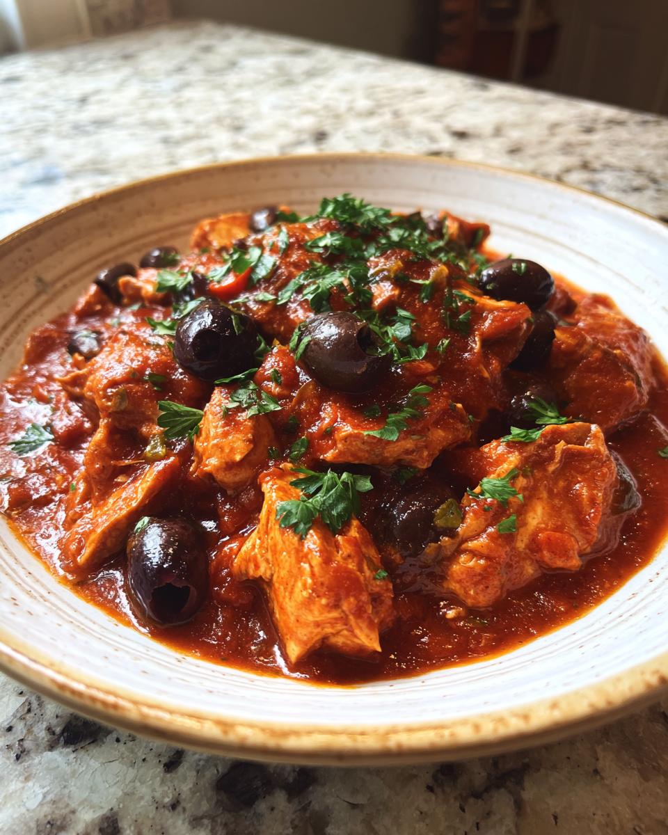 Close-up van een kom met Chicken Puttanesca, stukjes kip in een rode saus met zwarte olijven en peterselie.