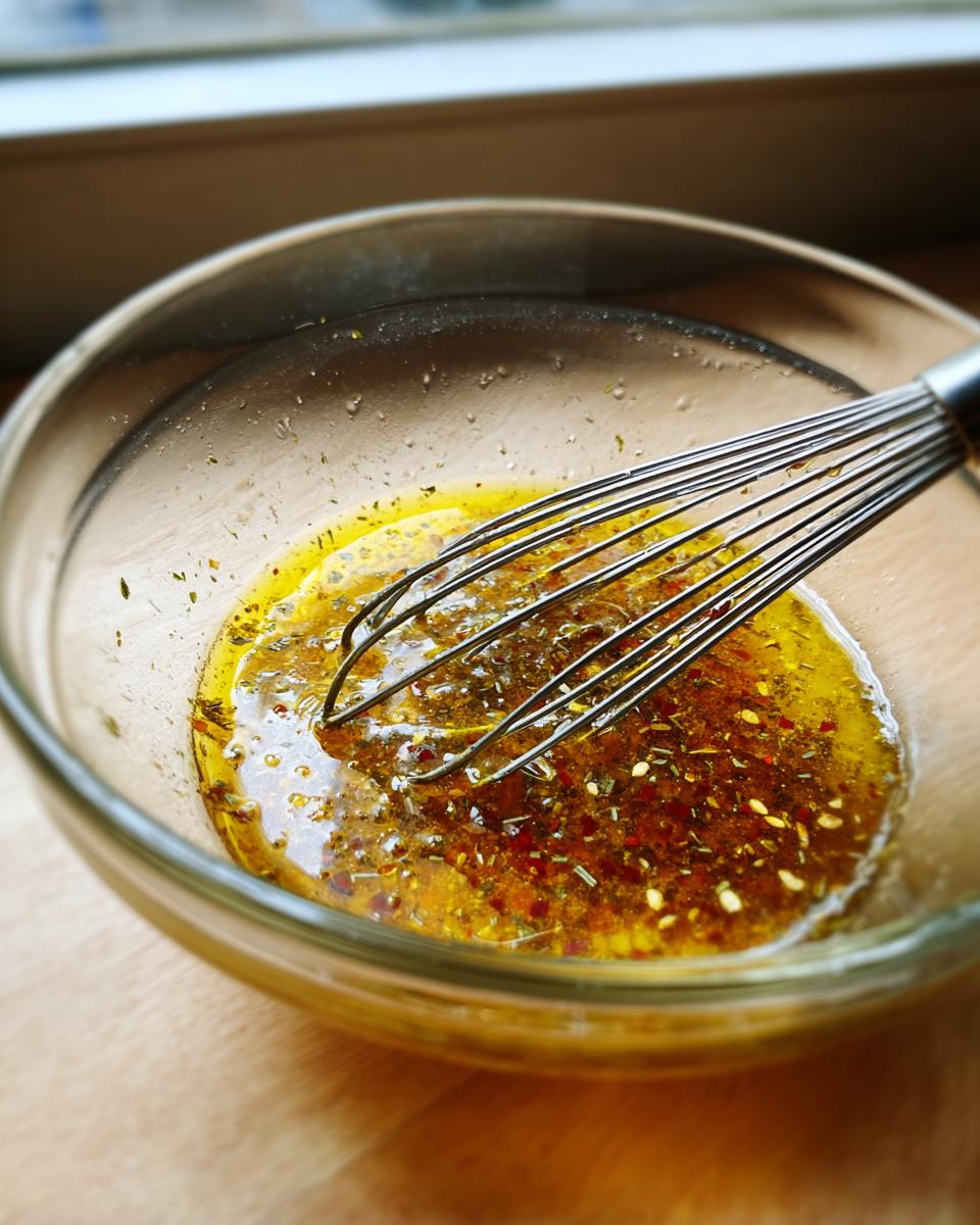 Close-up van olie en kruiden die worden geklopt voor de Homemade Italiaanse Saladedressing in een glazen kom.