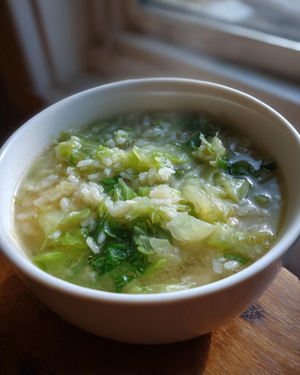 Close-up van een kom warme koolsoep met rijst en stukjes groene kool, ideaal voor het recept Koolsoep met Rijst.
