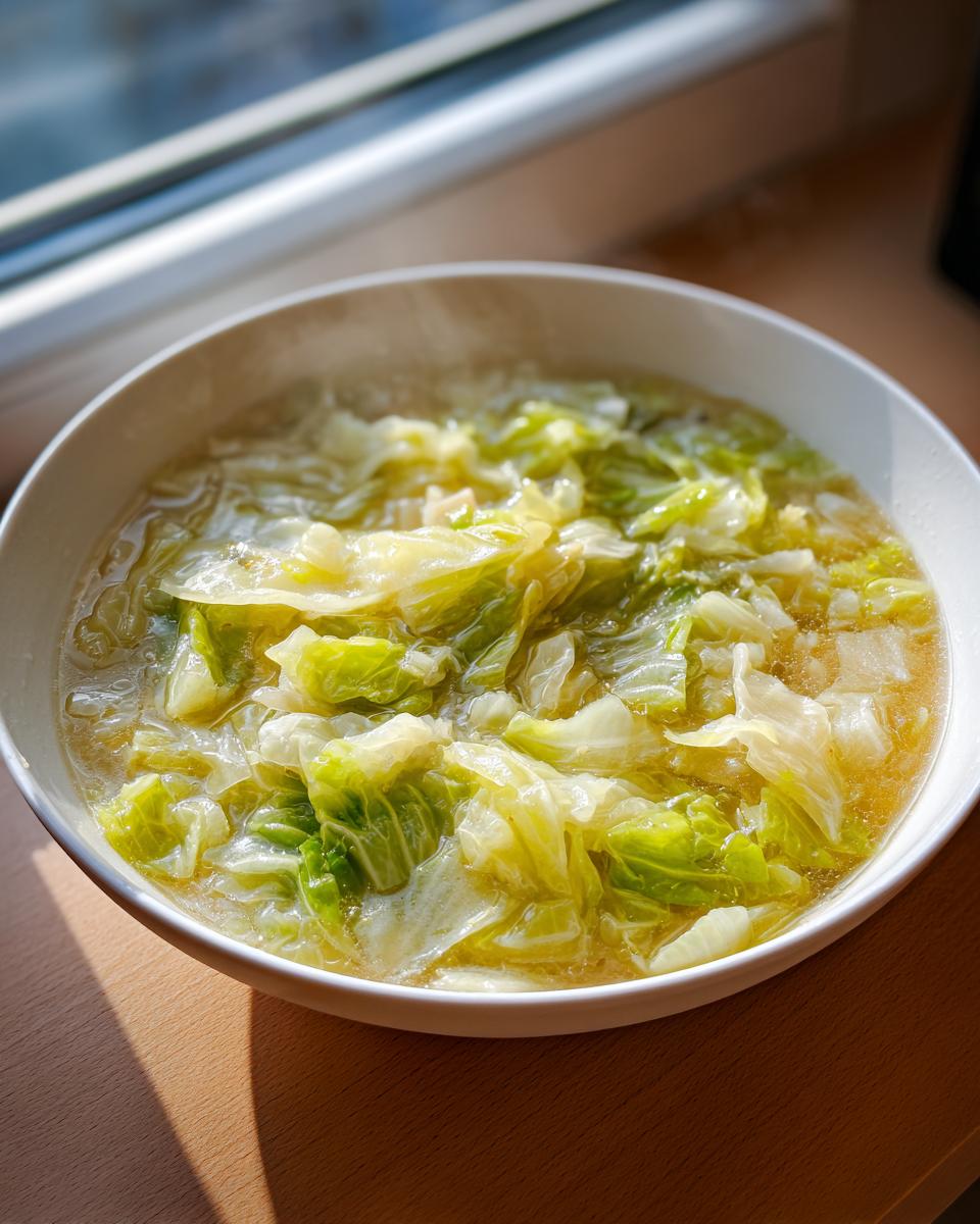 Close-up van een witte kom met warme koolsoep met rijst, vol met gestoofde koolbladeren.