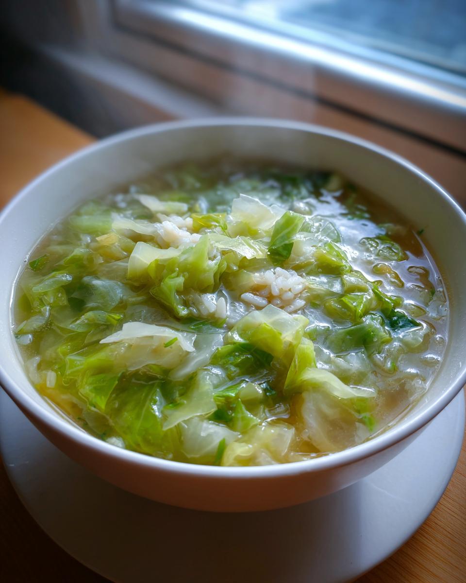 Close-up van een kom warme koolsoep met rijst en grote stukken groene kool, gefotografeerd bij daglicht.