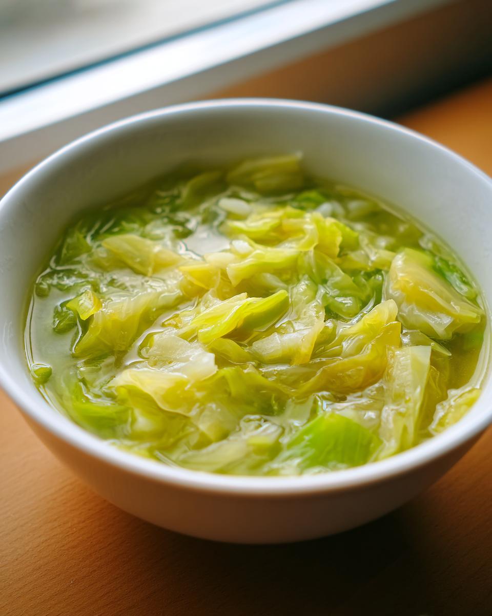 Close-up van een kom met heldere Koolsoep met Rijst, gevuld met zachte, groene koolstukjes.