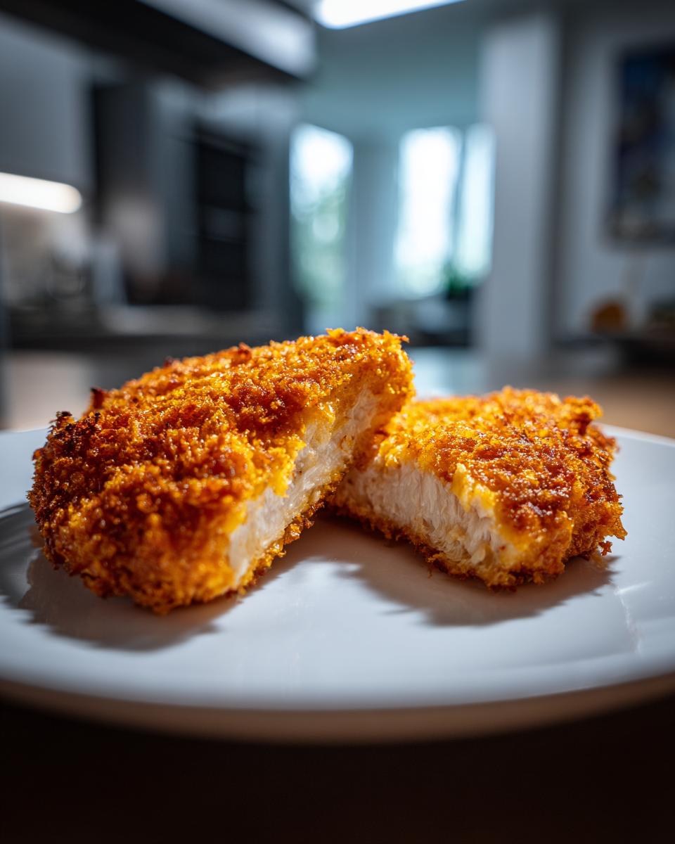 Twee helften van krokant Baked Panko Chicken op een wit bord, de binnenkant is sappig.