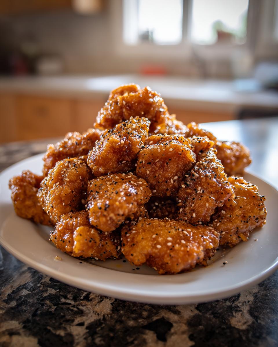 Een stapel krokante Salt And Pepper Chicken stukjes, geglazuurd en bestrooid met sesamzaadjes en peper.