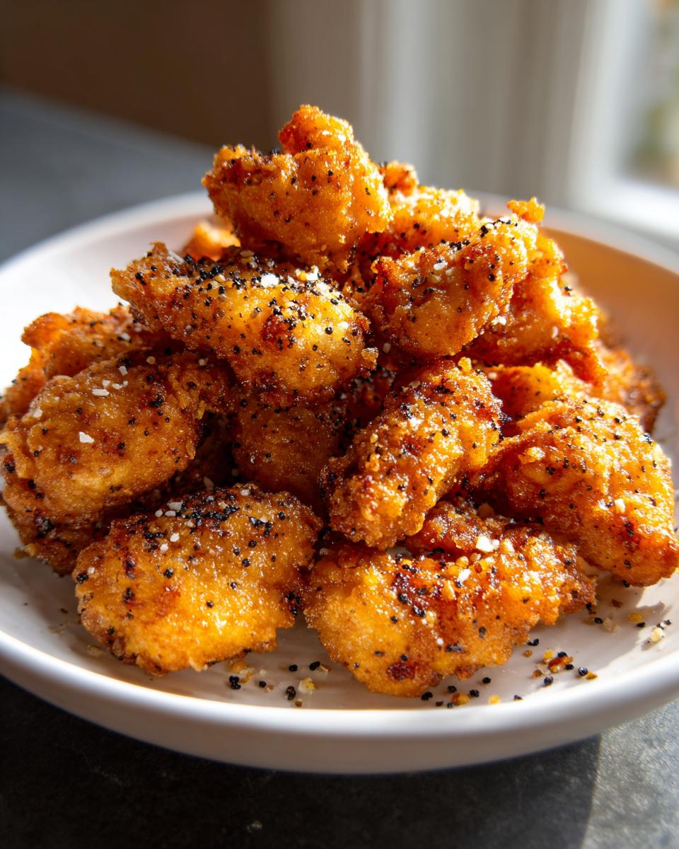 Close-up van een stapel krokante Salt And Pepper Chicken, bestrooid met zout en peperkorrels.