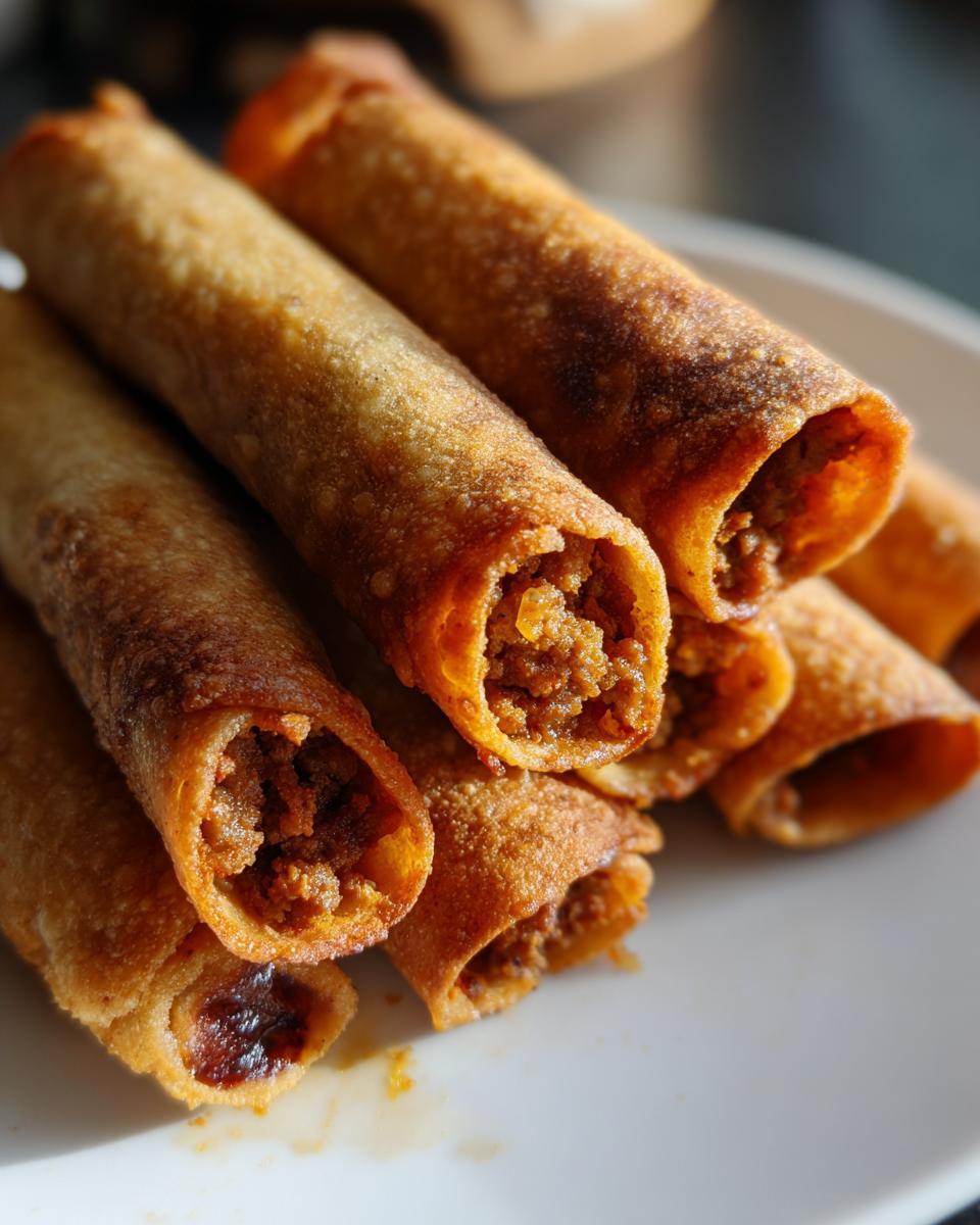 Close-up van goudbruine, krokante Beef Taquitos gevuld met gekruid gehakt op een wit bord.