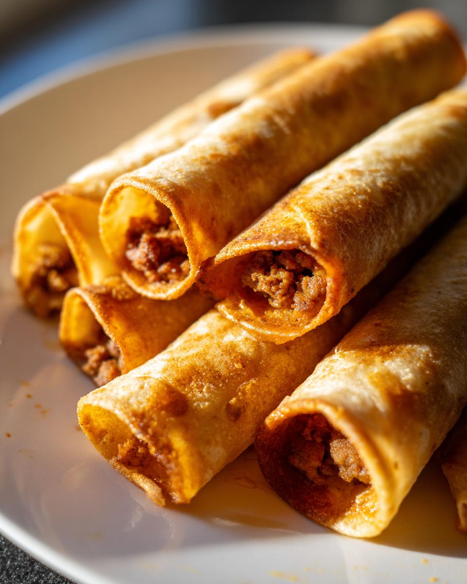 Close-up van goudbruine, krokante Beef Taquitos gevuld met gekruid gehakt op een witte schotel.