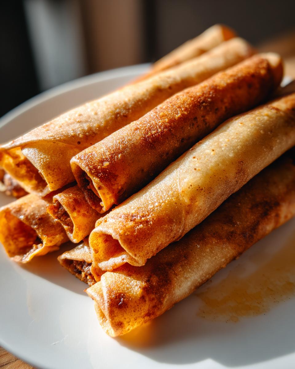 Close-up van een stapel goudbruine en krokante Beef Taquitos op een witte schotel.