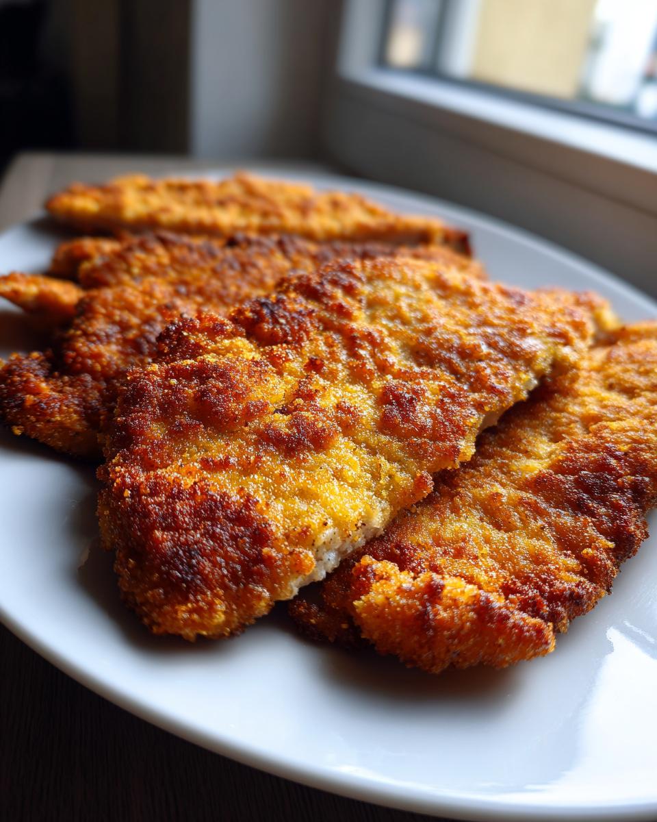 Close-up van meerdere goudbruine, krokante plakken Classic Pork Schnitzel op een wit bord.
