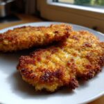 Twee goudbruin gefrituurde stukken Classic Pork Schnitzel met een krokante paneerlaag op een wit bord.