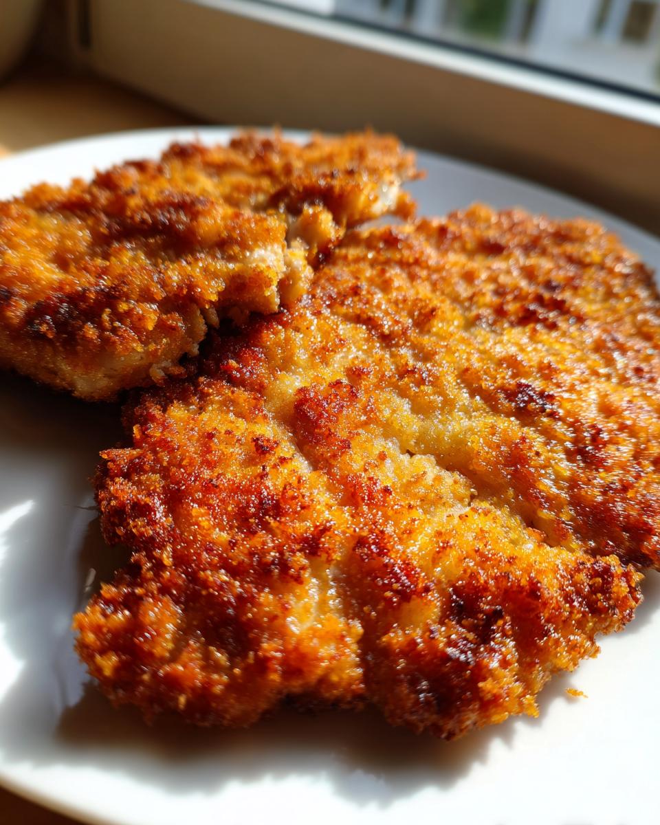 Close-up van twee goudbruine, krokante Classic Pork Schnitzel stukken op een wit bord, badend in zonlicht.