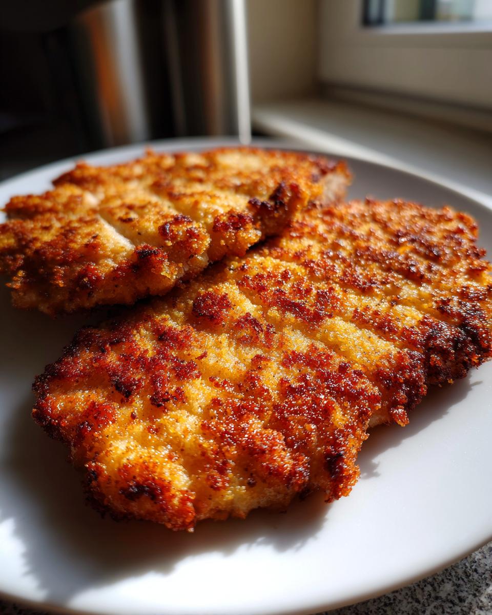 Drie goudbruine, krokante stukken Classic Pork Schnitzel op een wit bord, badend in zonlicht.