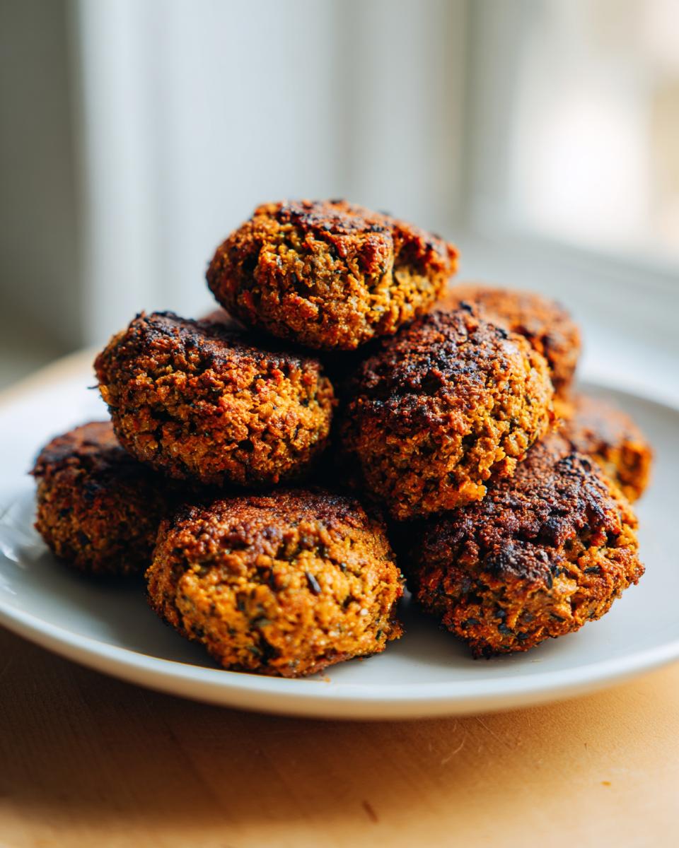 Een stapel goudbruine, krokante Crispy Baked Falafel balletjes op een wit bord.