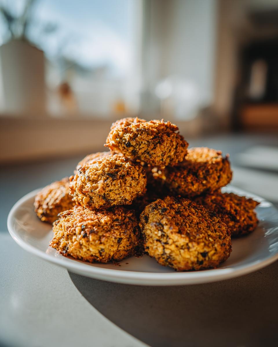 Een stapel goudbruine, krokante gebakken falafel op een wit bord, prachtig belicht door natuurlijk licht.