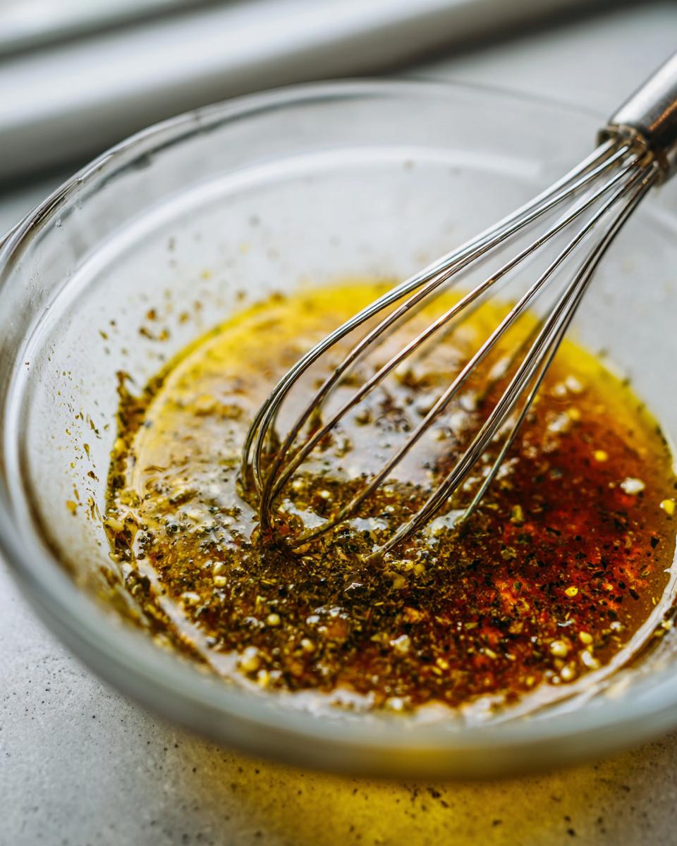 Close-up van kruiden en olie die worden gemengd met een garde voor Homemade Italian Salad Dressing.