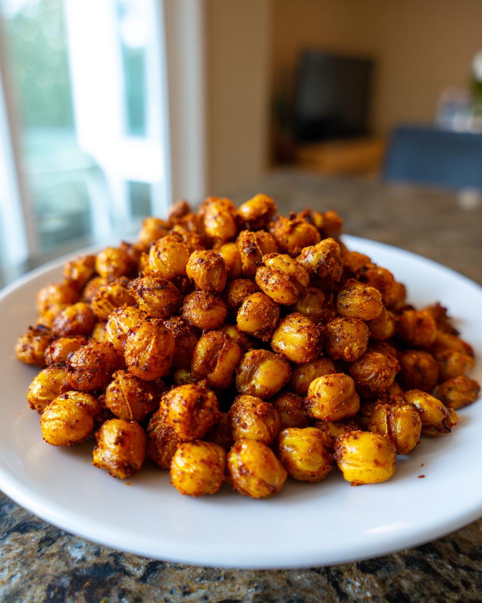 Een berg goudbruine, gekruide geroosterde kikkererwten op een witte schaal, klaar om te eten.