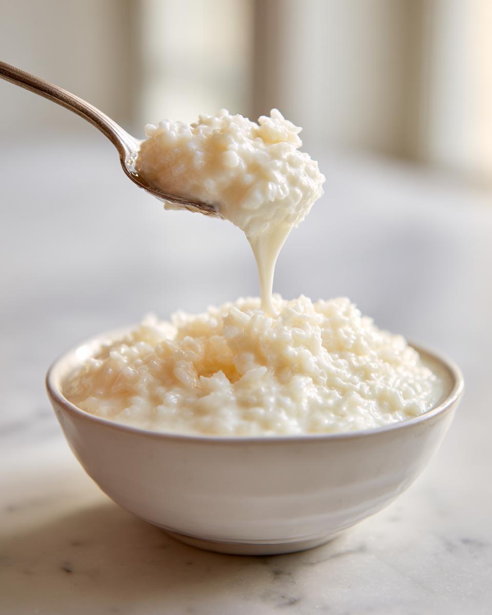 Een lepel met romige rijstpudding wordt opgetild boven een kom gevuld met romige rijstpudding.