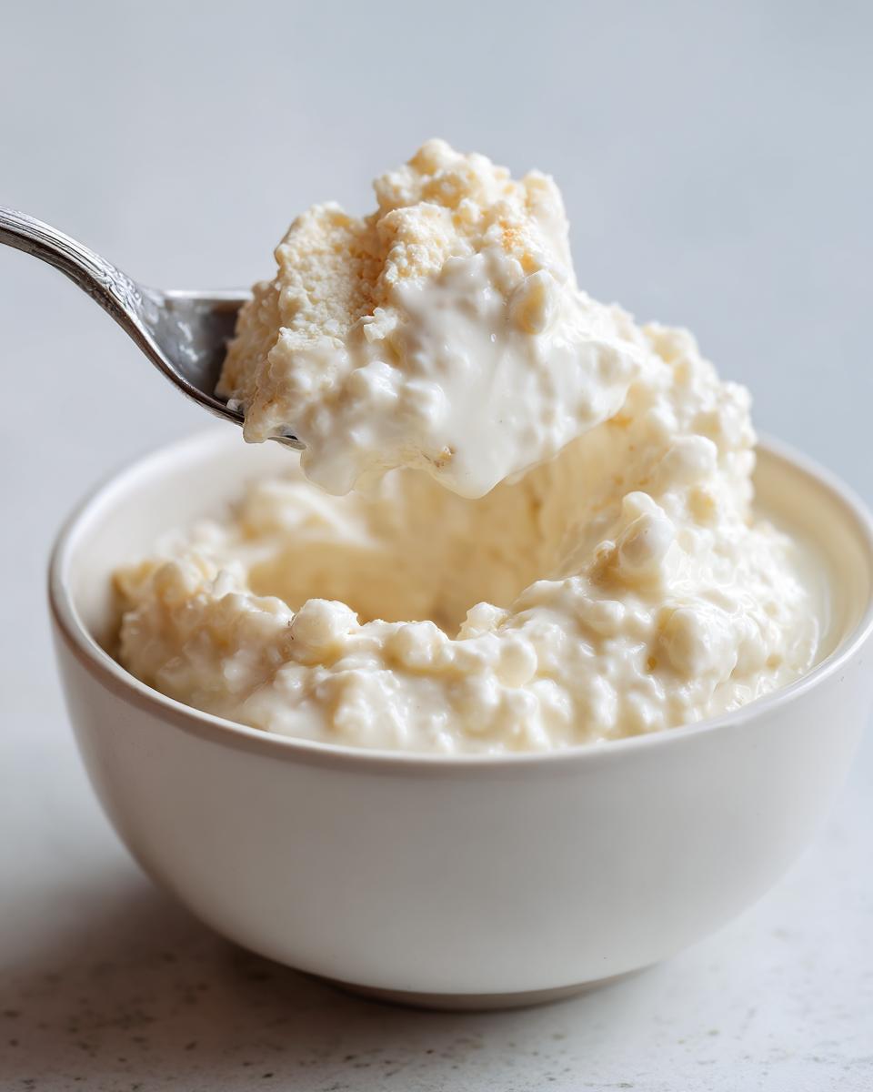 Een lepel met een grote portie romige rijstpudding wordt uit een witte kom getild.