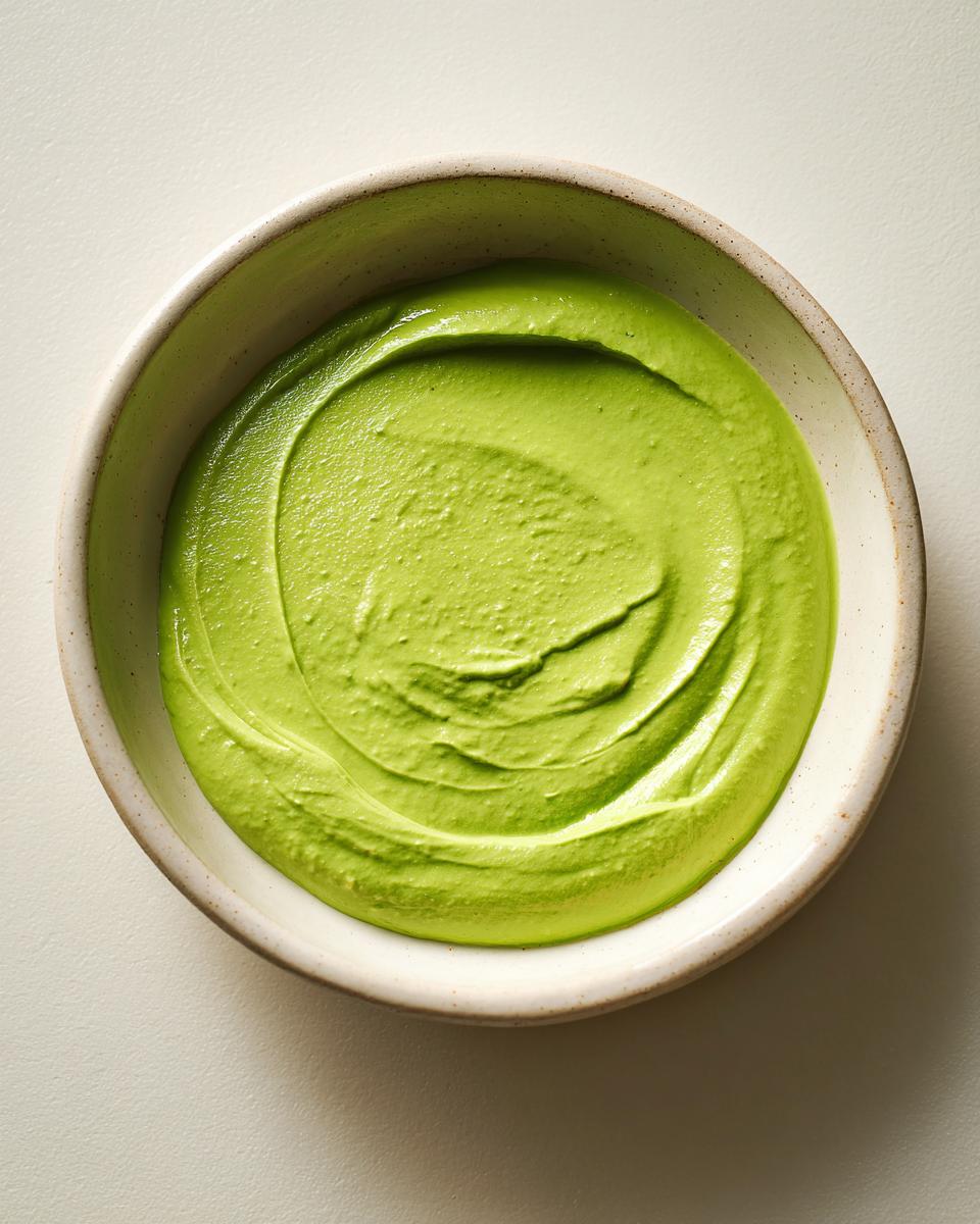 Close-up van gladde, felgroene Lichte Romige Avocado Limoen Saladedressing in een kleine keramische kom.