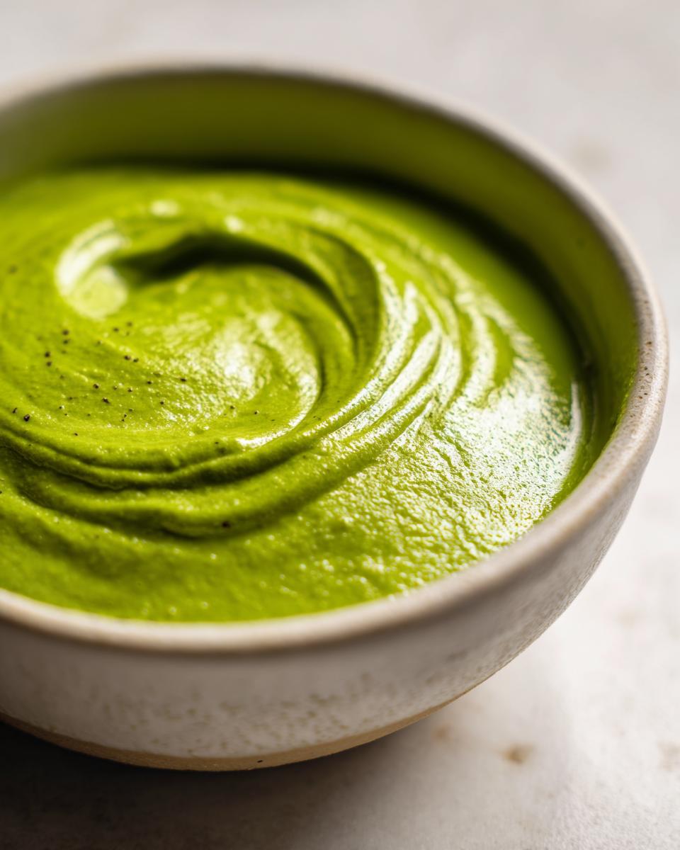 Close-up van een kom met heldergroene, romige Lichte Romige Avocado Limoen Saladedressing met een swirl.