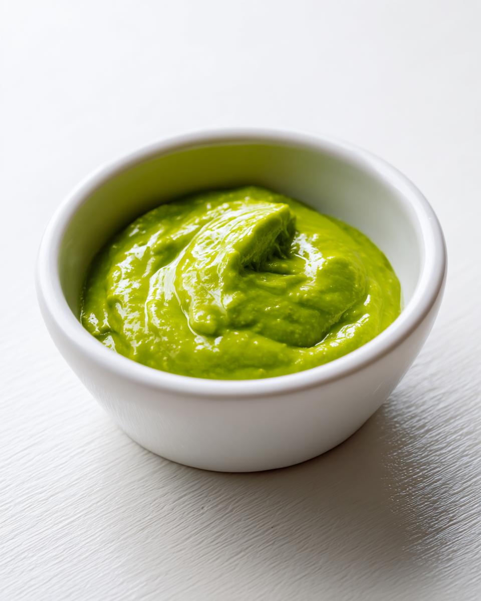 Close-up van heldergroene Lichte Romige Avocado Limoen Saladedressing in een klein wit kommetje.