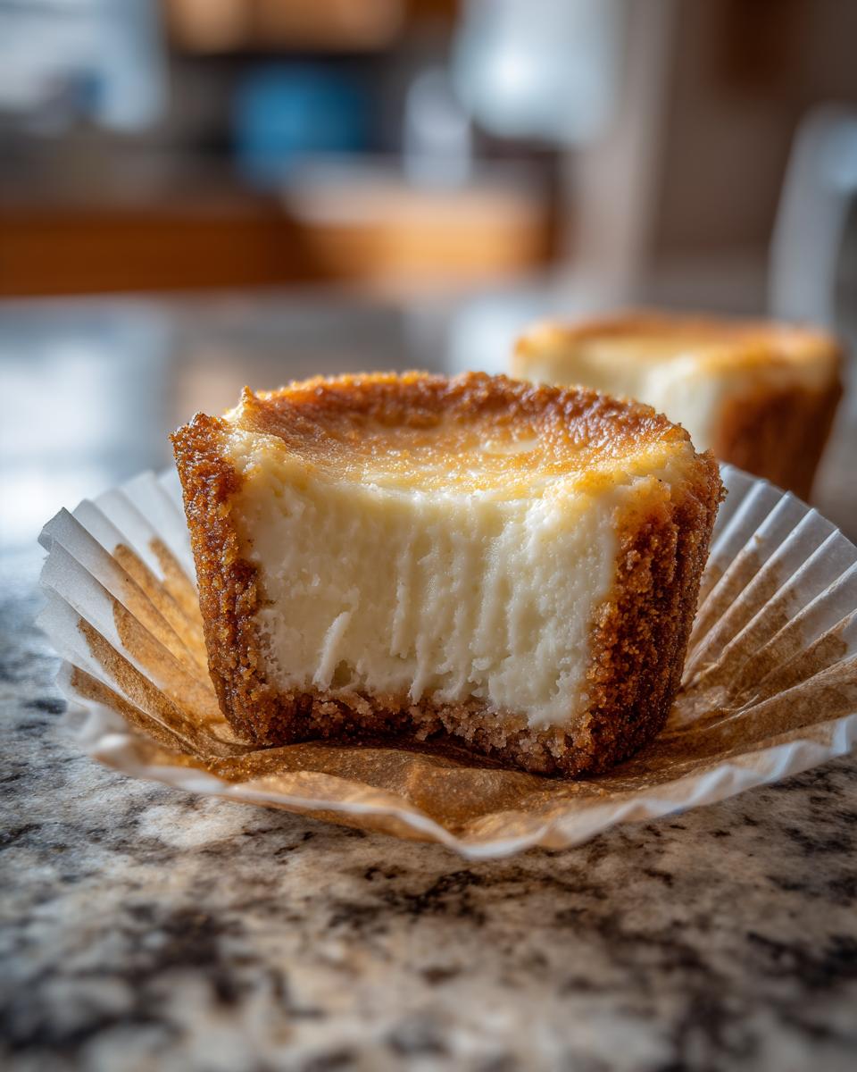Close-up van een Low Carb Cheesecake Bite met een dikke, romige vulling en een krokante bodem.