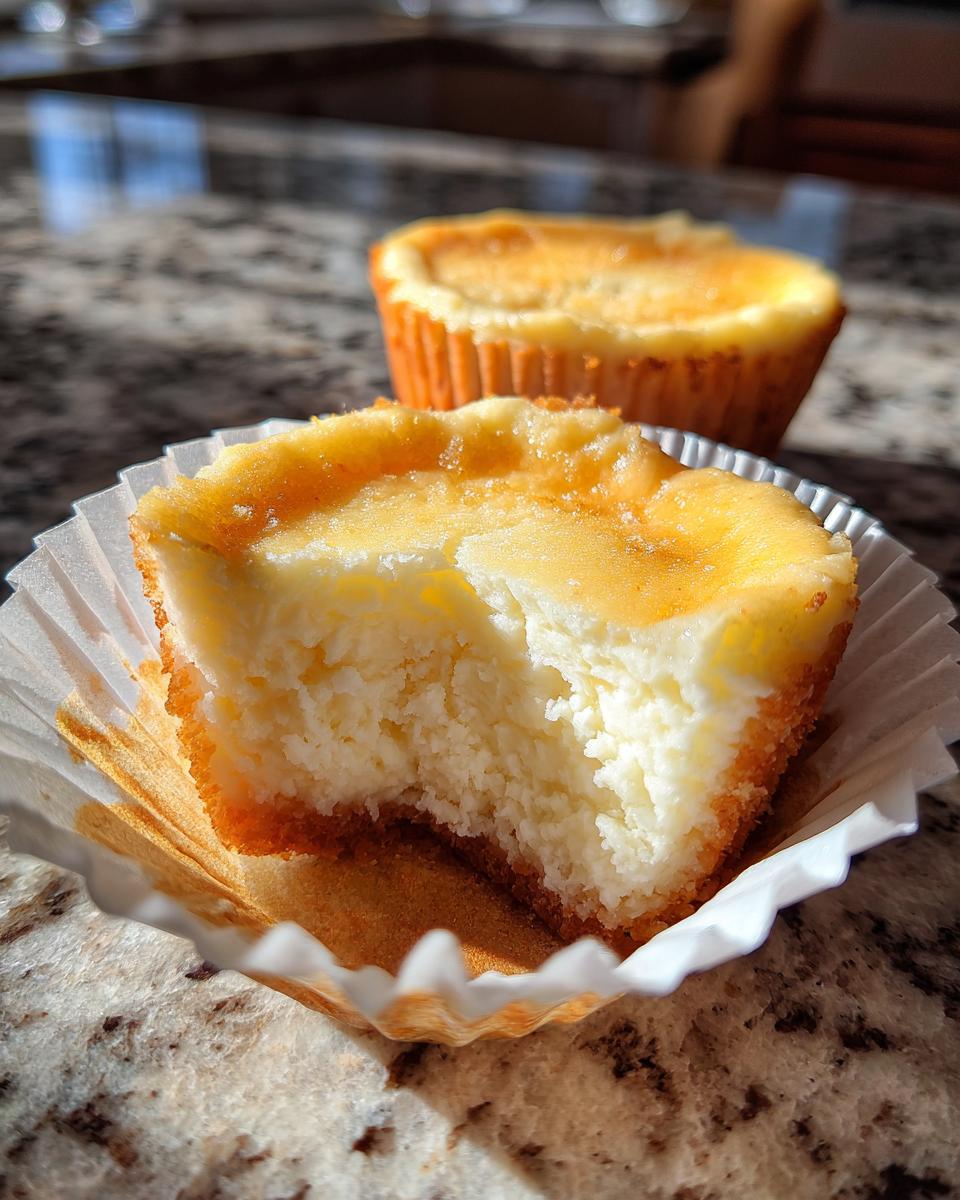 Close-up van een Low Carb Cheesecake Bite met een hap eruit, zittend in een papieren vormpje op een marmeren aanrecht.