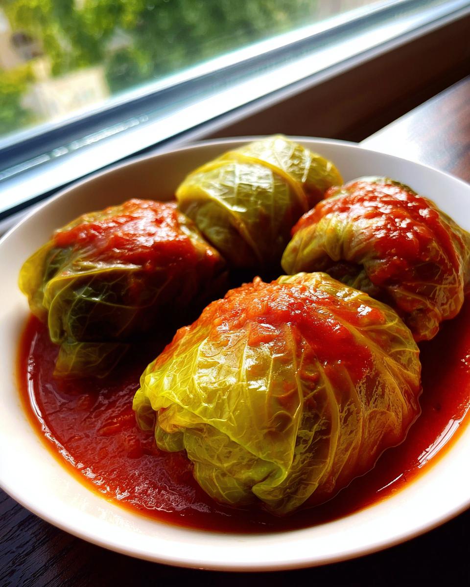 Vier gestoofde Macedonische Koolrolletjes geserveerd in een witte kom met rijke tomatensaus.