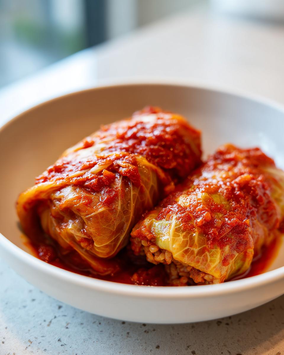 Twee heerlijke Macedonische Koolrolletjes, gevuld met rijst en vlees, geserveerd in een witte kom met rode tomatensaus.