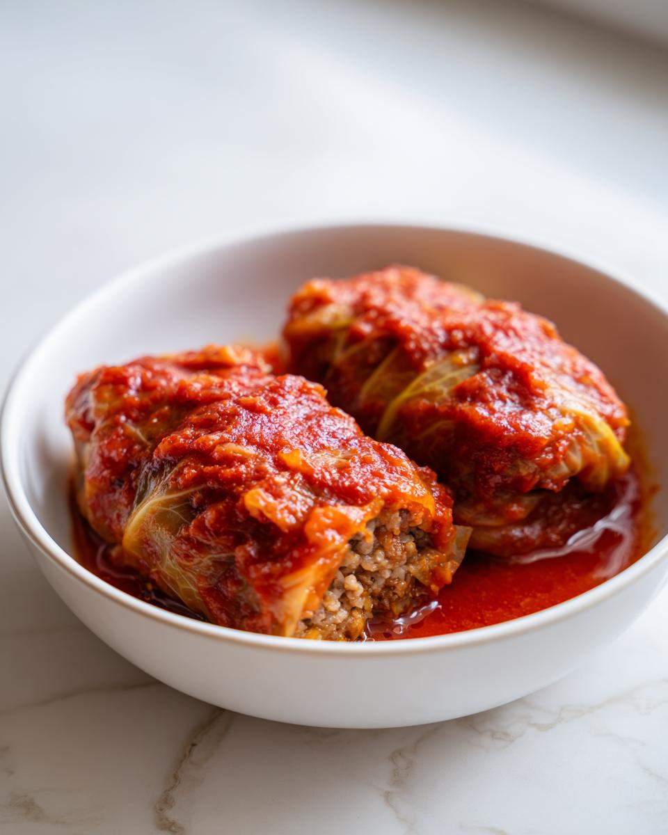 Drie Macedonische Koolrolletjes gevuld met rijst en vlees, geserveerd in een witte kom met rijke tomatensaus.