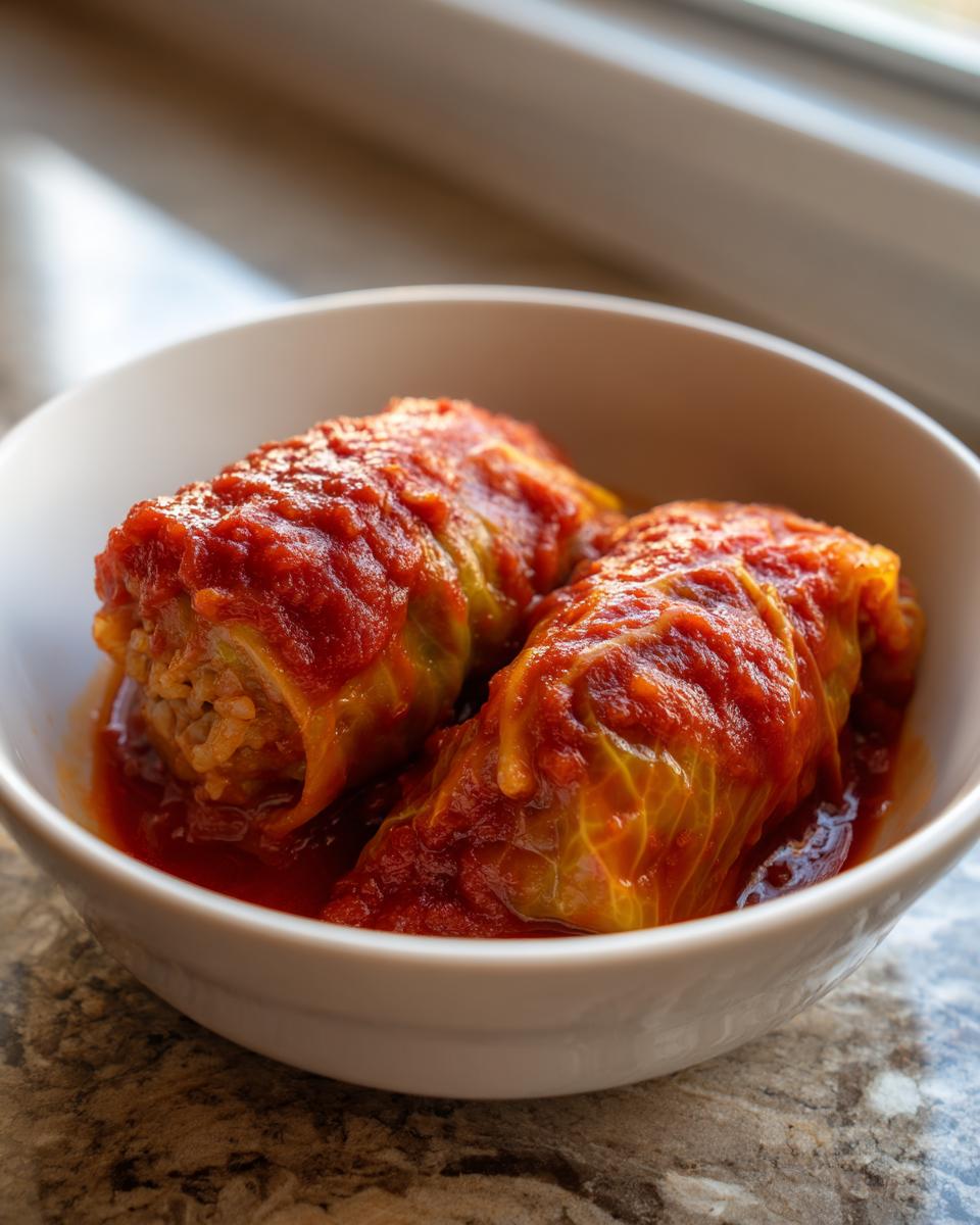 Twee smakelijke Macedonische Koolrolletjes, gevuld met rijst, geserveerd in een witte kom met rijke tomatensaus.