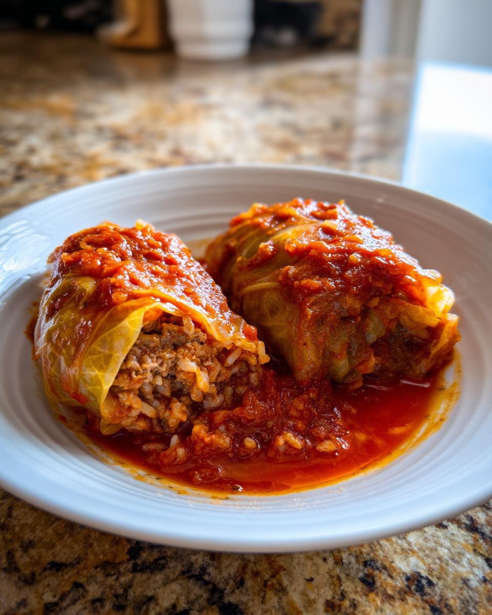 Twee heerlijke Macedonische koolrolletjes gevuld met gehakt en rijst, geserveerd in een rijke tomatensaus.