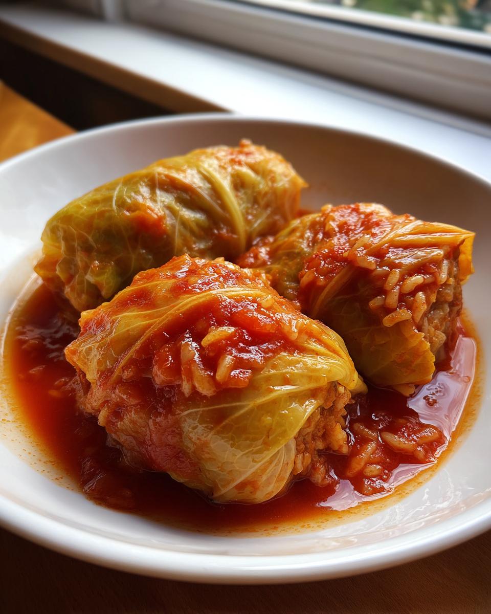 Drie gestoofde Macedonische Koolrolletjes geserveerd in een witte kom met rijke tomatensaus.
