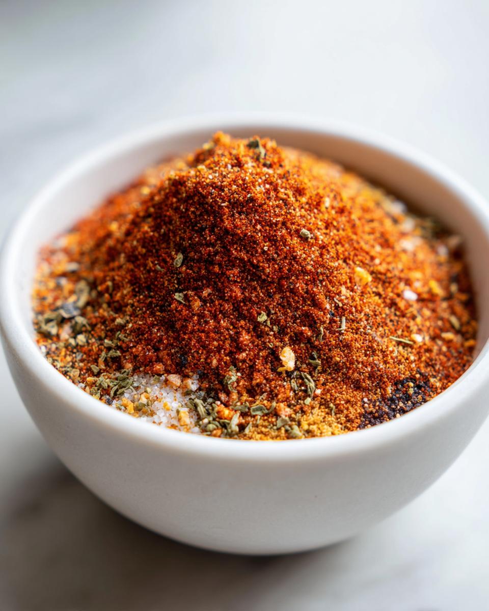 Close-up van een berg oranjerood Chicken Seasoning Blend met zichtbare kruiden en zout in een witte kom.