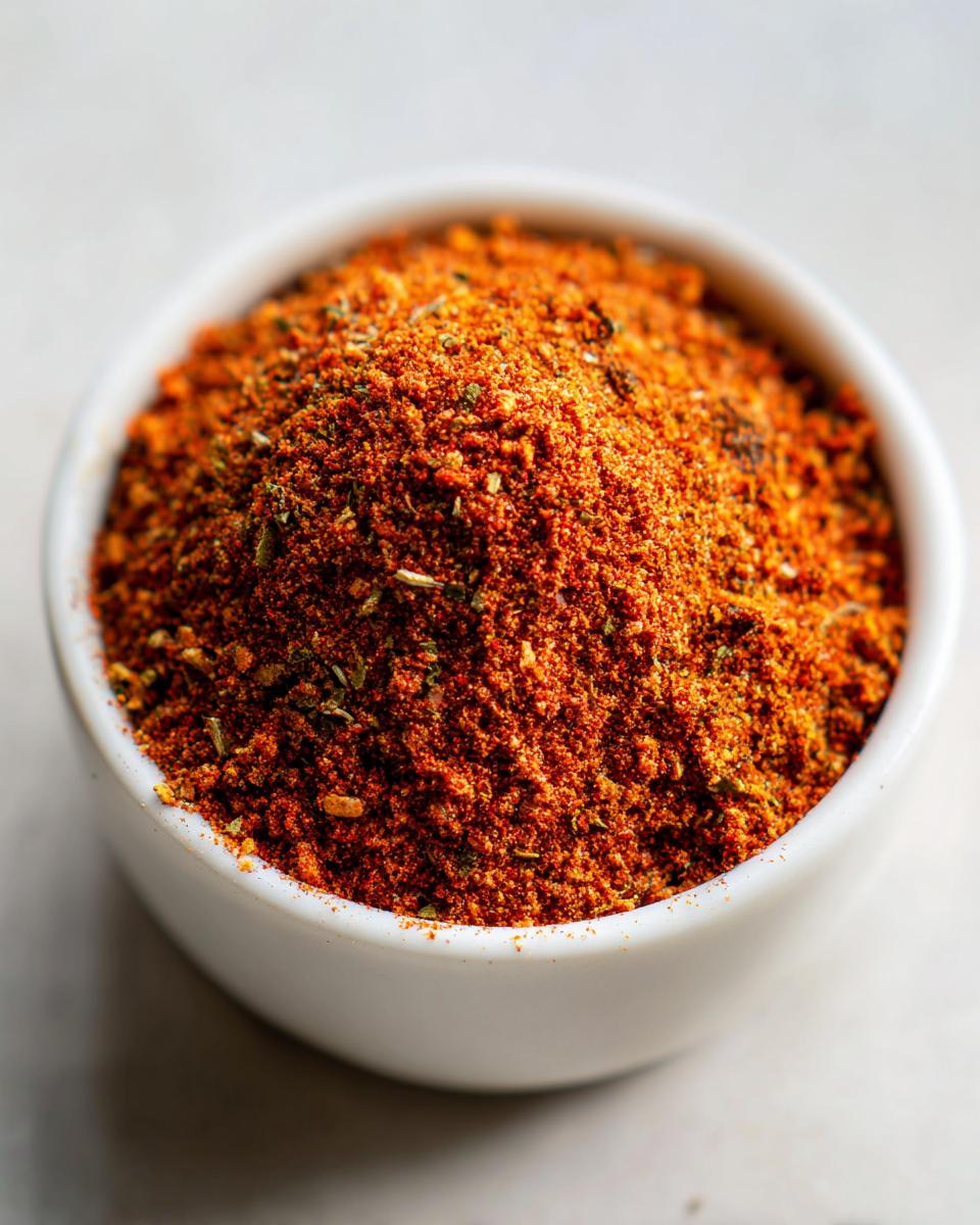 Close-up van een wit kommetje gevuld met een oranjerode Chicken Seasoning Blend met zichtbare groene kruiden.