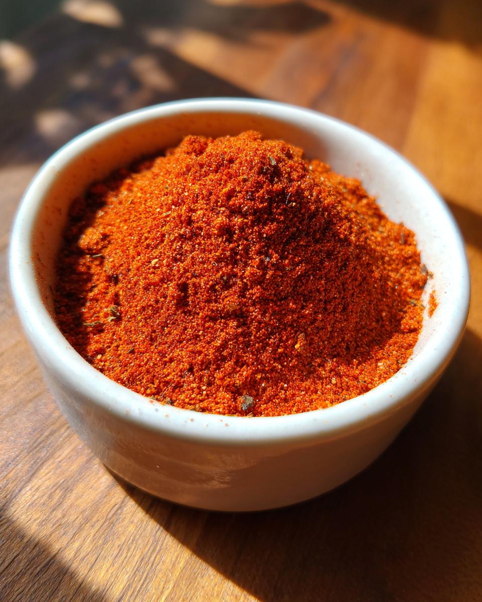 Close-up van een hoopje feloranje Chicken Seasoning Blend in een klein wit kommetje op hout.