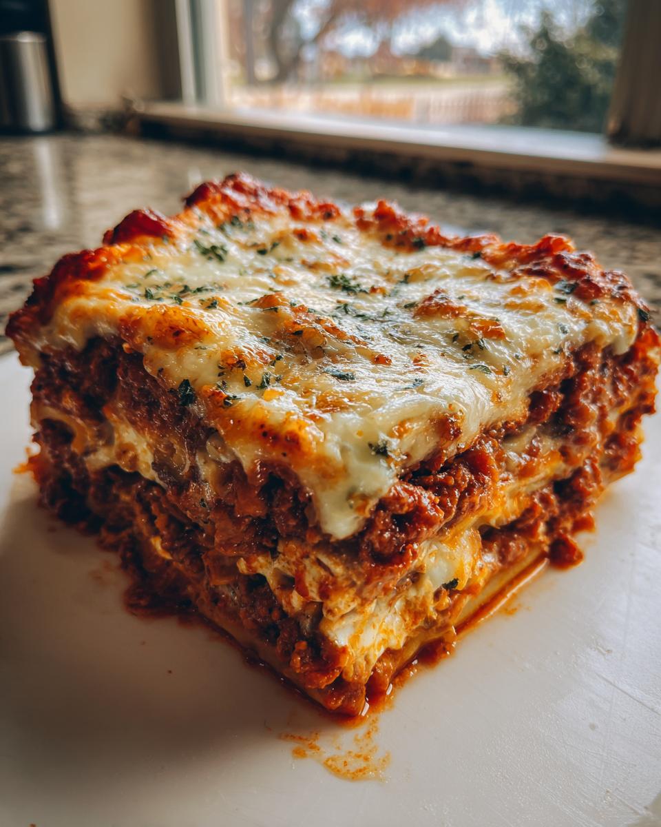 Een dikke, goudbruin gebakken portie Makkelijke Aubergine Lasagne met gesmolten kaas en peterselie.