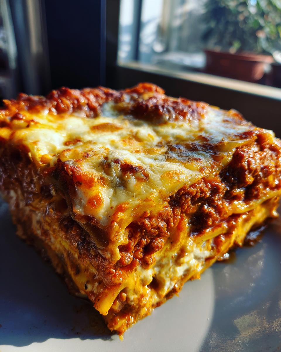 Een close-up van een portie Makkelijke Aubergine Lasagne met een goudbruin gebakken kaaskorstje.