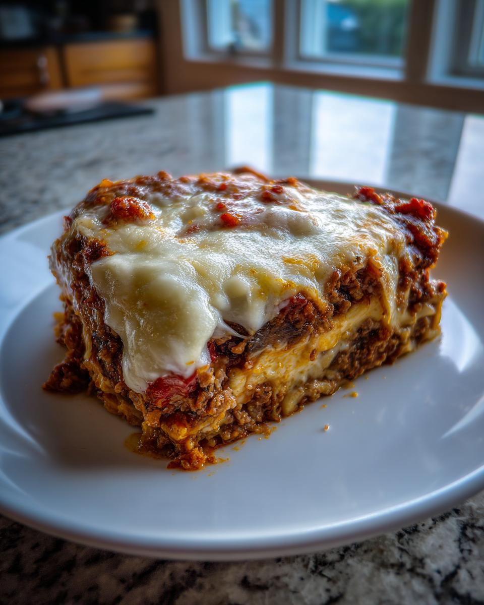 Een royale portie Makkelijke Aubergine Lasagne met lagen vleessaus en romige gesmolten kaas bovenop, geserveerd op een wit bord.