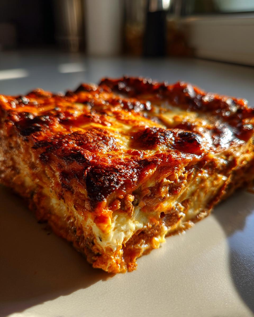 Close-up van een portie Makkelijke Aubergine Lasagne met een heerlijk goudbruin gebakken, krokante kaaskorst.
