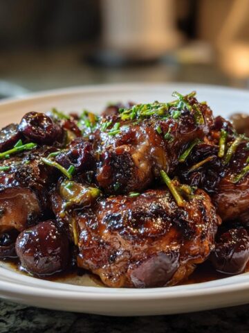 Drie stukken malse kip bedekt met een donkere, glanzende saus en pruimen, gegarneerd met bieslook voor de Easy Chicken Marbella.