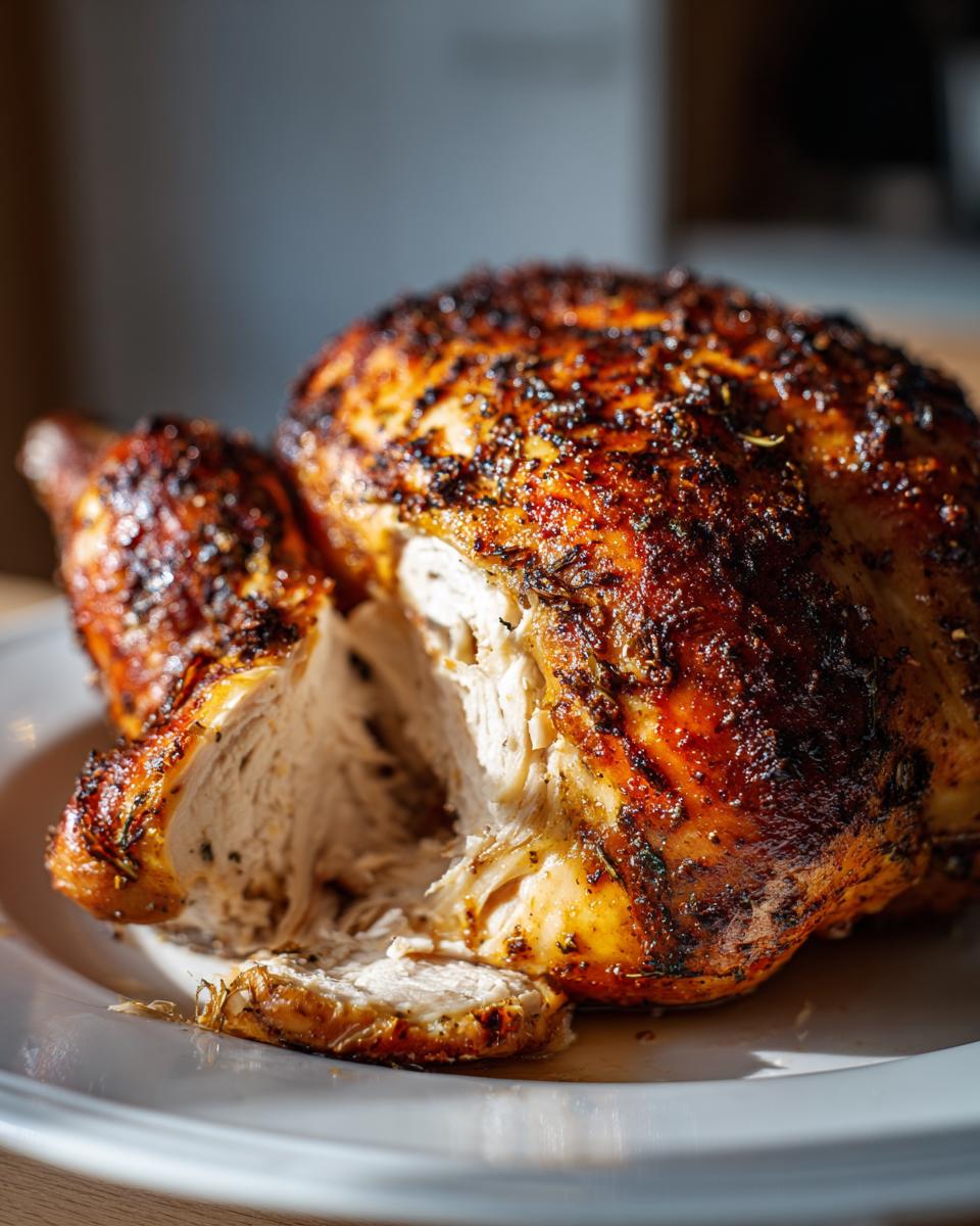 Geroosterde Peruvian Chicken met een diepbruine, krokante huid, deels aangesneden om het malse vlees te tonen.