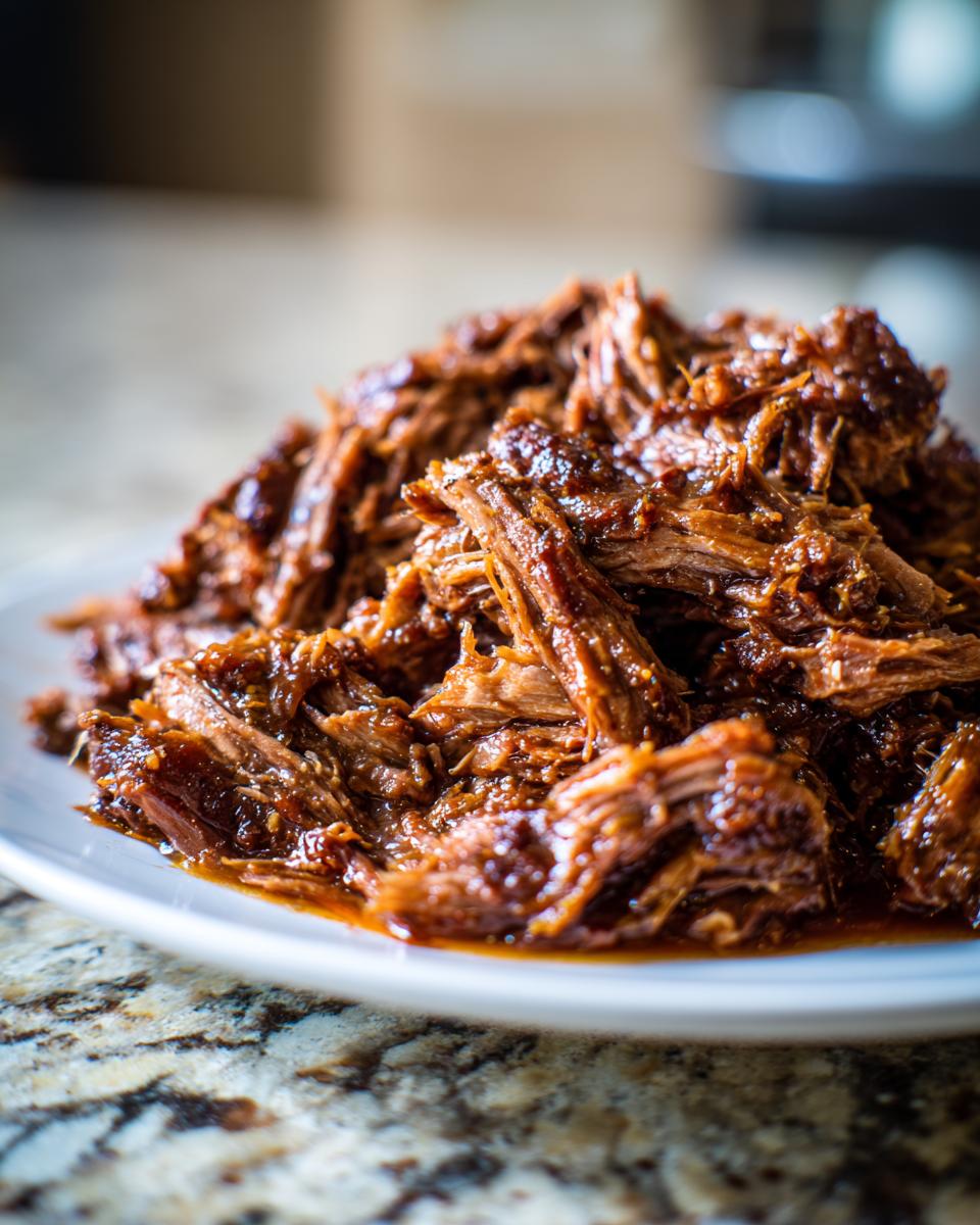 Close-up van heerlijk mals, draadjesvlees van Slow Cooker Beef Barbacoa op een wit bord.