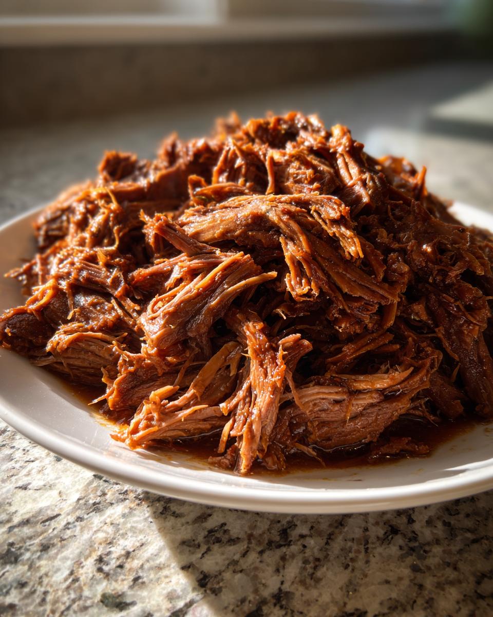 Een berg mals, draadjesvlees van Slow Cooker Beef Barbacoa op een wit bord.
