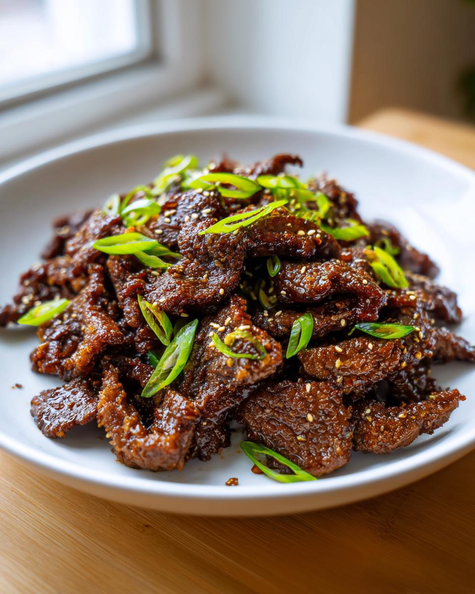 Een bord vol malse Beef Bulgogi, gegarneerd met gesneden lenteui en sesamzaadjes.