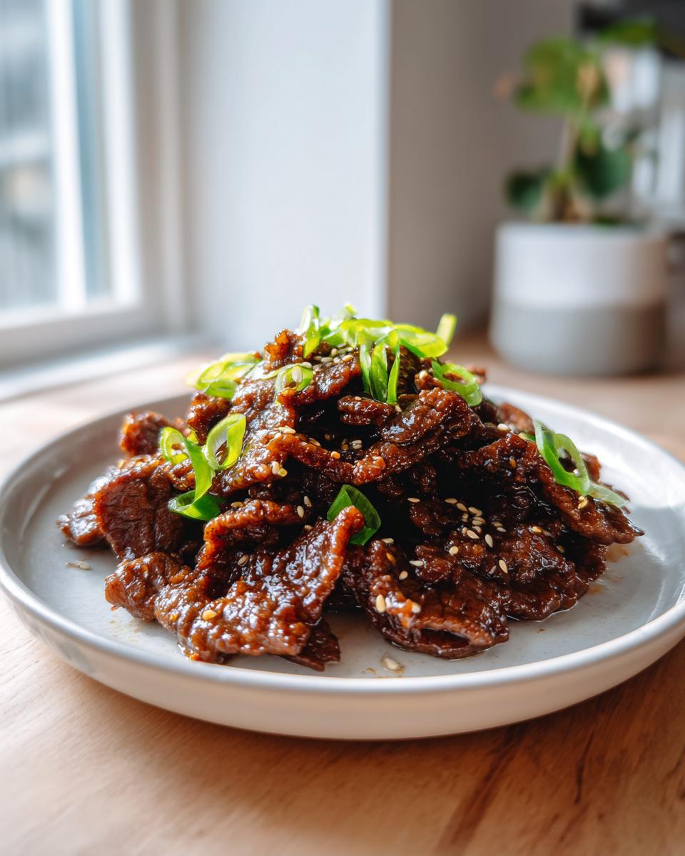 Close-up van een bord met malse Beef Bulgogi, gegarneerd met gesneden lente-ui en sesamzaadjes.